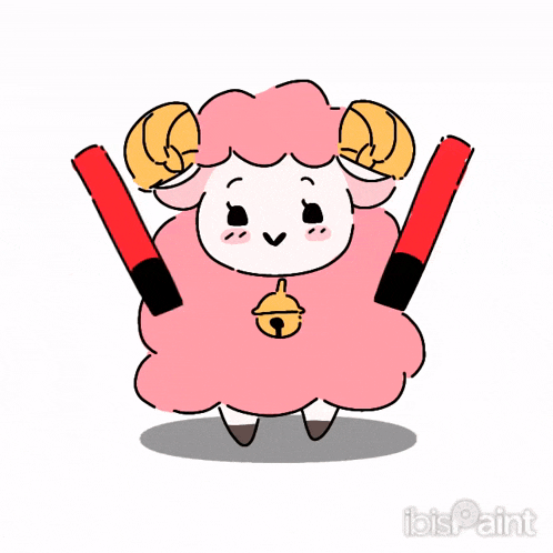 a drawing of a pink sheep with a bell on its neck