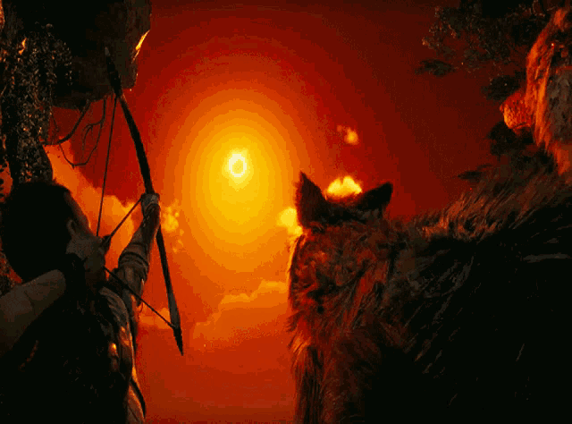 a person with a bow and arrow looks at the sun