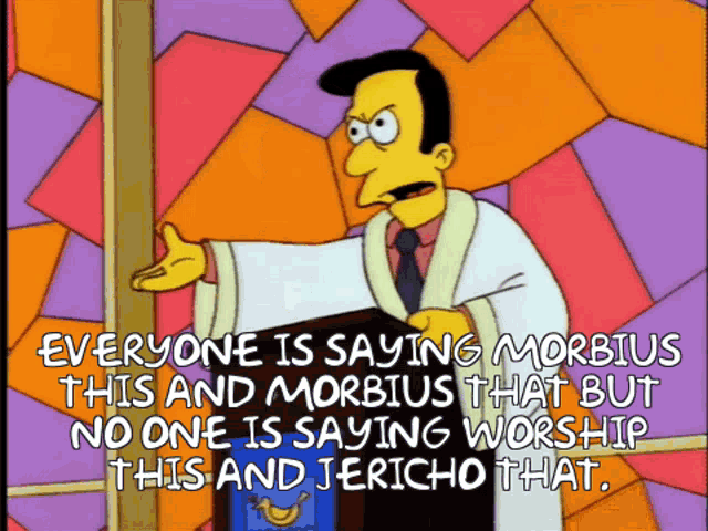 a cartoon of a man giving a speech with the words everyone is saying morbidus this and morbidus