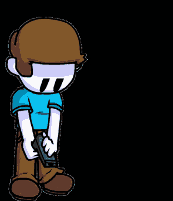 a cartoon character is holding a gun with a blue arrow pointing to his head