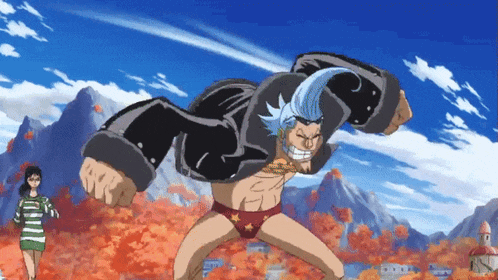 a cartoon of franky from one piece in a black jacket and red underwear