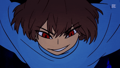 a cartoon of a boy with red eyes and the word zapcut on the bottom right