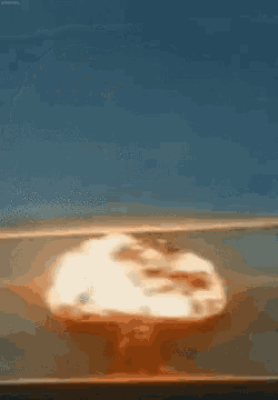 a painting of a nuclear explosion with a blue sky behind it