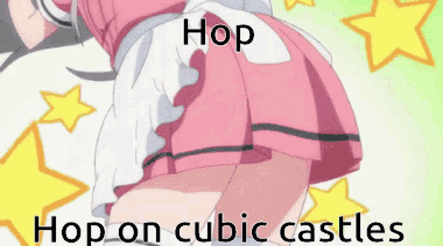 a girl in a pink skirt with the words hop on cubic castles