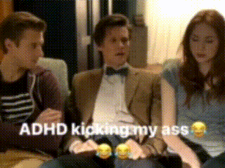 a group of people sitting on a couch with the words " adhd kicking my ass " written on the bottom