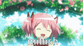 a girl with pink hair is smiling and the word millish is visible