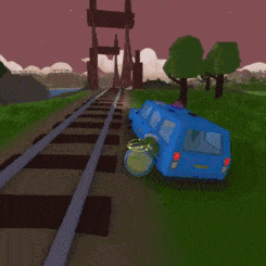a blue van is driving down train tracks in a video game scene