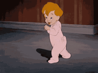 a cartoon baby is walking in a room with his shadow on the floor