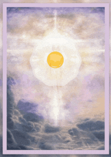 a painting of a fried egg in the sky with clouds