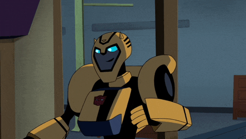 a cartoon robot with a blue eye and a red emblem on his chest
