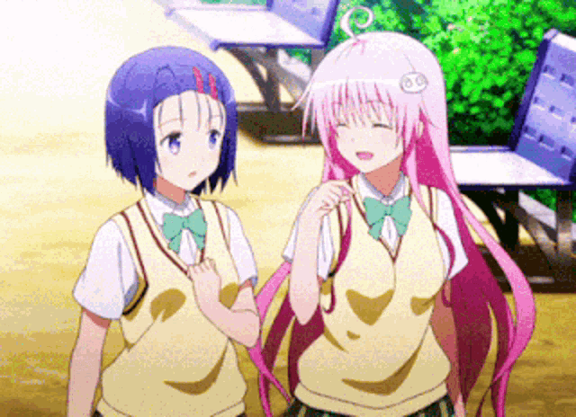 two anime girls are standing next to each other and one has pink hair