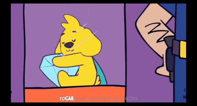 a cartoon of a yellow dog holding a diamond in its paws .