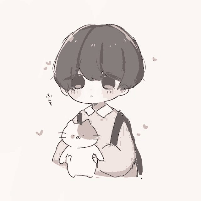 a drawing of a boy holding a cat with hearts around