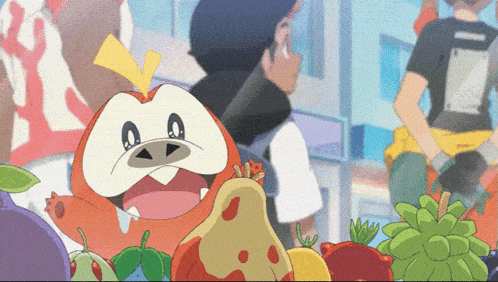 a cartoon character with the letter z on his back is surrounded by fruits
