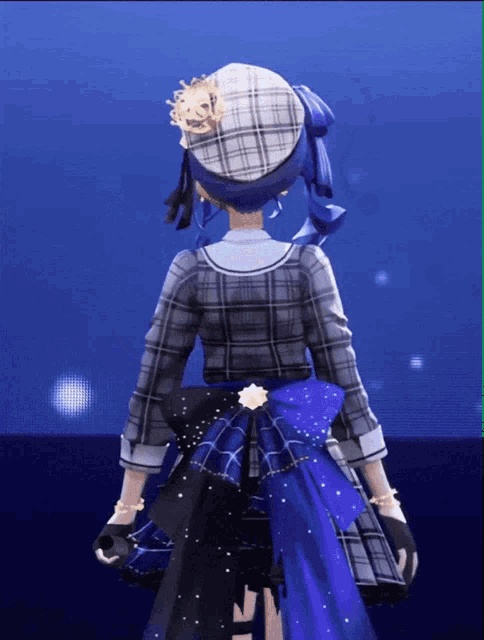a girl with blue hair is wearing a plaid shirt and a hat