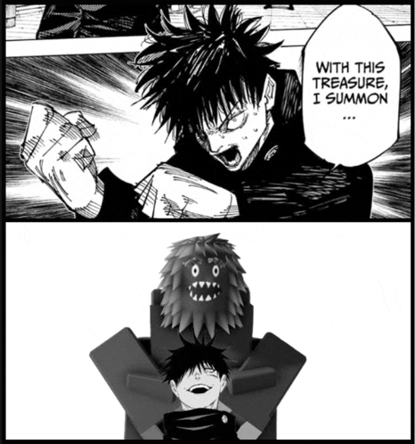 a black and white drawing of a man and a monster with the words with this treasure i summon