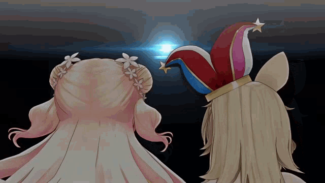 a girl with flowers in her hair is wearing a red white and blue jester hat