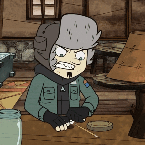 a cartoon character is sitting at a table with a pencil and a jar