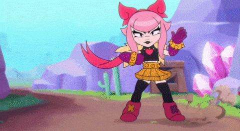 a cartoon girl with pink hair and purple gloves