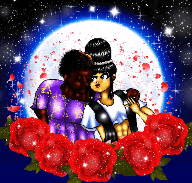 a cartoon of a man and a woman hugging in front of a full moon surrounded by red roses