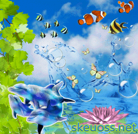 a computer generated image of dolphins and clown fish with the website skeuoss.net in the bottom right corner
