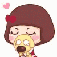a cartoon girl is holding a dog in her mouth with a heart in the background .