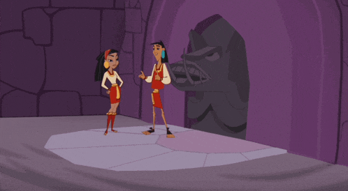 a couple of cartoon characters standing next to each other in a cave