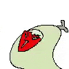 a pixel art drawing of a chicken with a red face and a hook in its mouth .