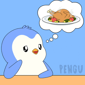 a cartoon of a penguin thinking about a plate of food