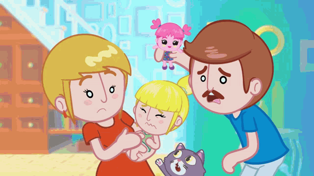 a cartoon of a man and woman holding a little girl
