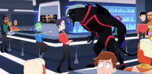 a cartoon of a group of people standing around a bar with a monster in the background