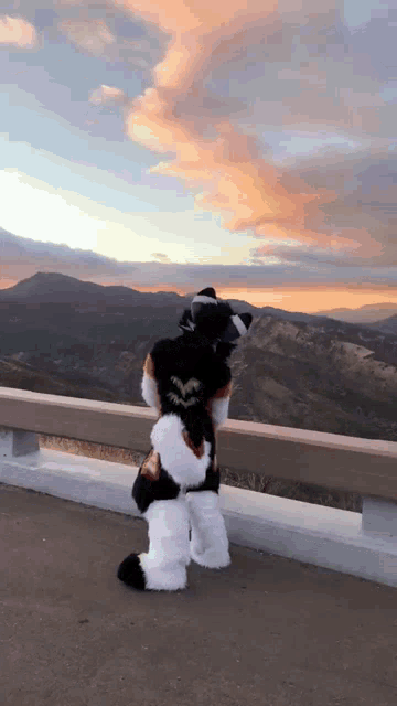 a furry animal is standing on a bridge overlooking a mountain range at sunset .
