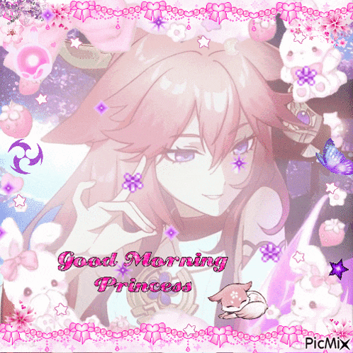 a picture of a girl with pink hair and the words good morning princess on it