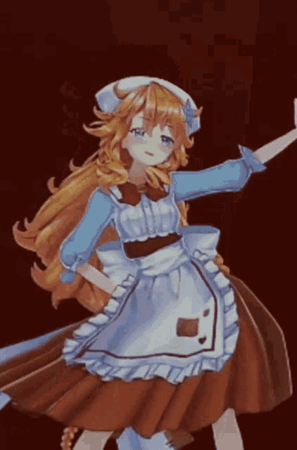 a girl with long blonde hair wearing an apron and a white hat