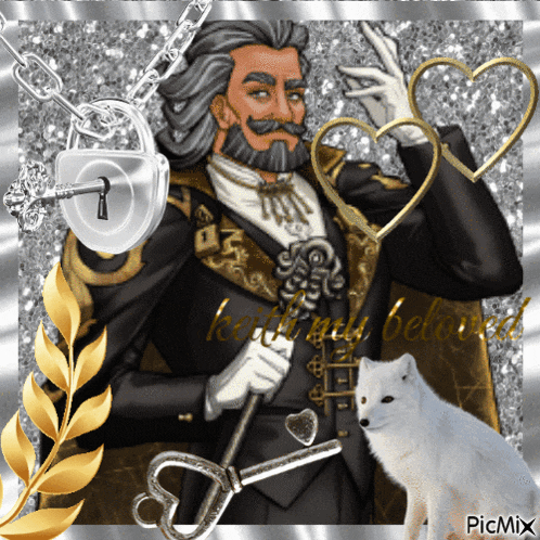 a picture of a man holding a key next to a white fox and the words " knit and beloved " on the bottom