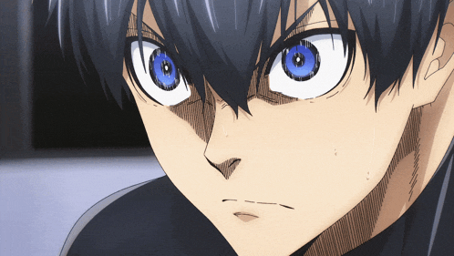 a close up of a anime character with blue eyes