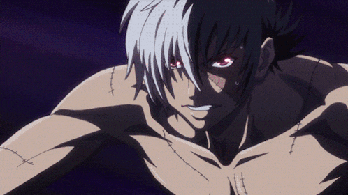 a shirtless anime character with stitches on his chest and red eyes