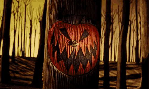 a painting of a pumpkin in a forest