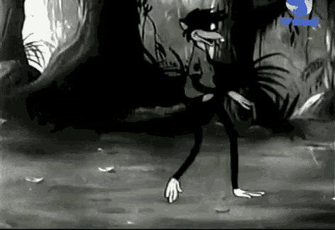 a black and white cartoon of a monkey dancing in a forest