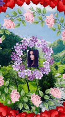 a picture of a woman surrounded by flowers and hearts