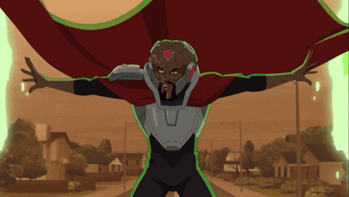 a cartoon of a man with a red cape and a brain on his head