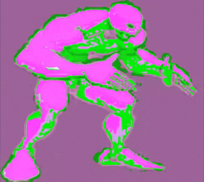 a purple and green drawing of a man in a wrestling uniform .