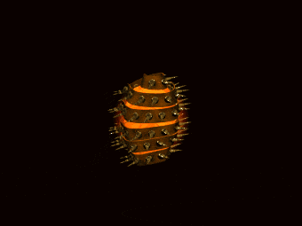 an orange and black object with spikes on it is against a black background