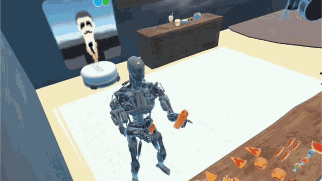 a robot is holding a hot dog in front of a table with hamburgers and pizza
