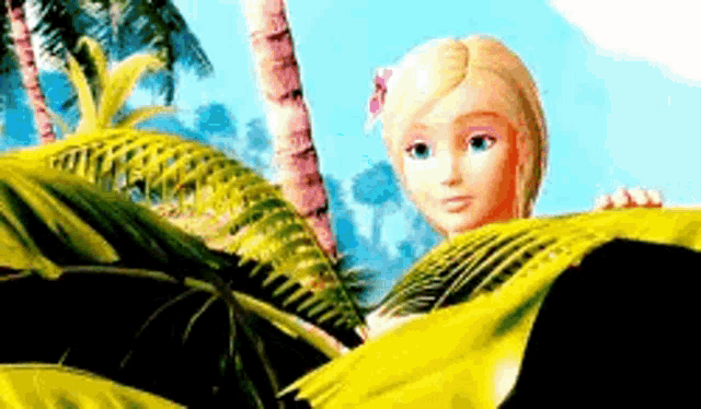 a barbie doll is hiding behind a pile of leaves in the jungle .