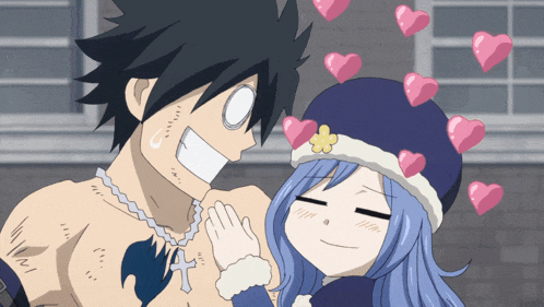 a cartoon of a boy and a girl with pink hearts around them