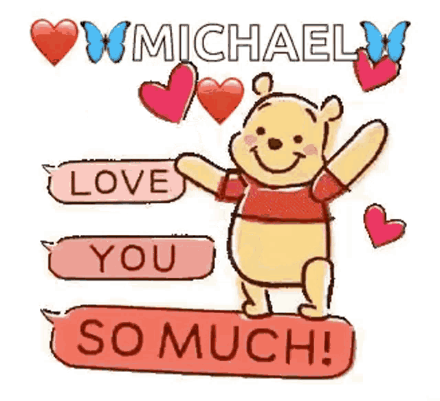 a cartoon of winnie the pooh holding a sign that says `` love you so much '' .