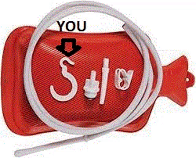 a red hot water bottle with a hose attached to it and the words " you solo " written on it