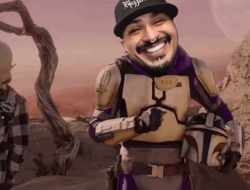 a man in a purple costume with a helmet and a black hat that says wizzard
