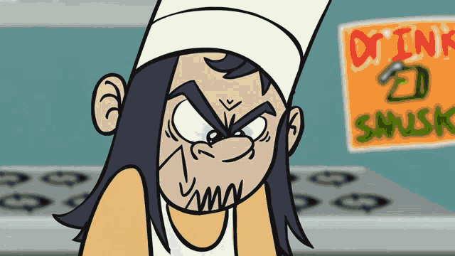 a cartoon character is standing in front of a sign that says drink and snusk